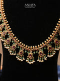 Aalaya Gutta Pusalu Temple Necklace Set with Ruby, Emerald & Pearl Danglers
