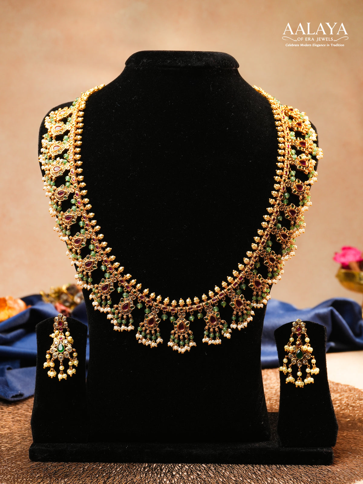 Aalaya Gutta Pusalu Necklace Set with Ruby, Emerald & Pearl Danglers