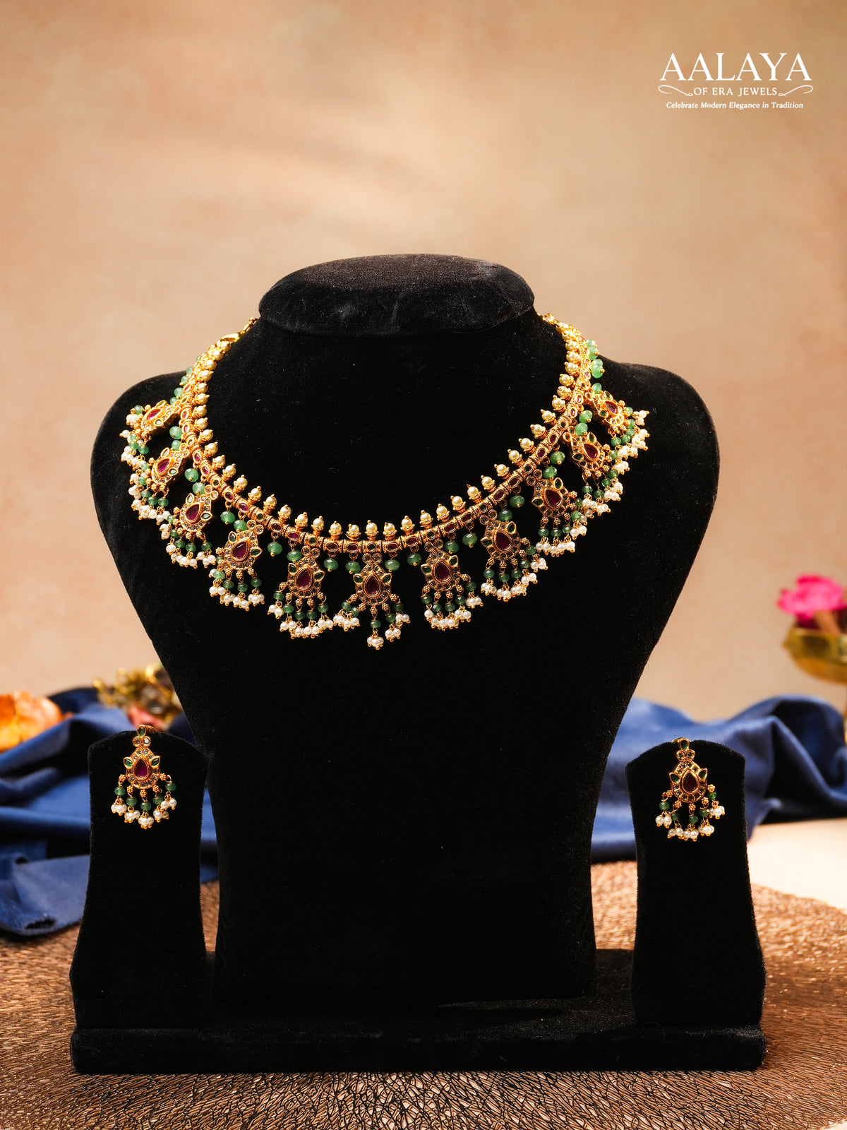 Aalaya Elegant Gutta Pusalu Temple Choker Necklace Set with Ruby, Emerald & Pearl Drops