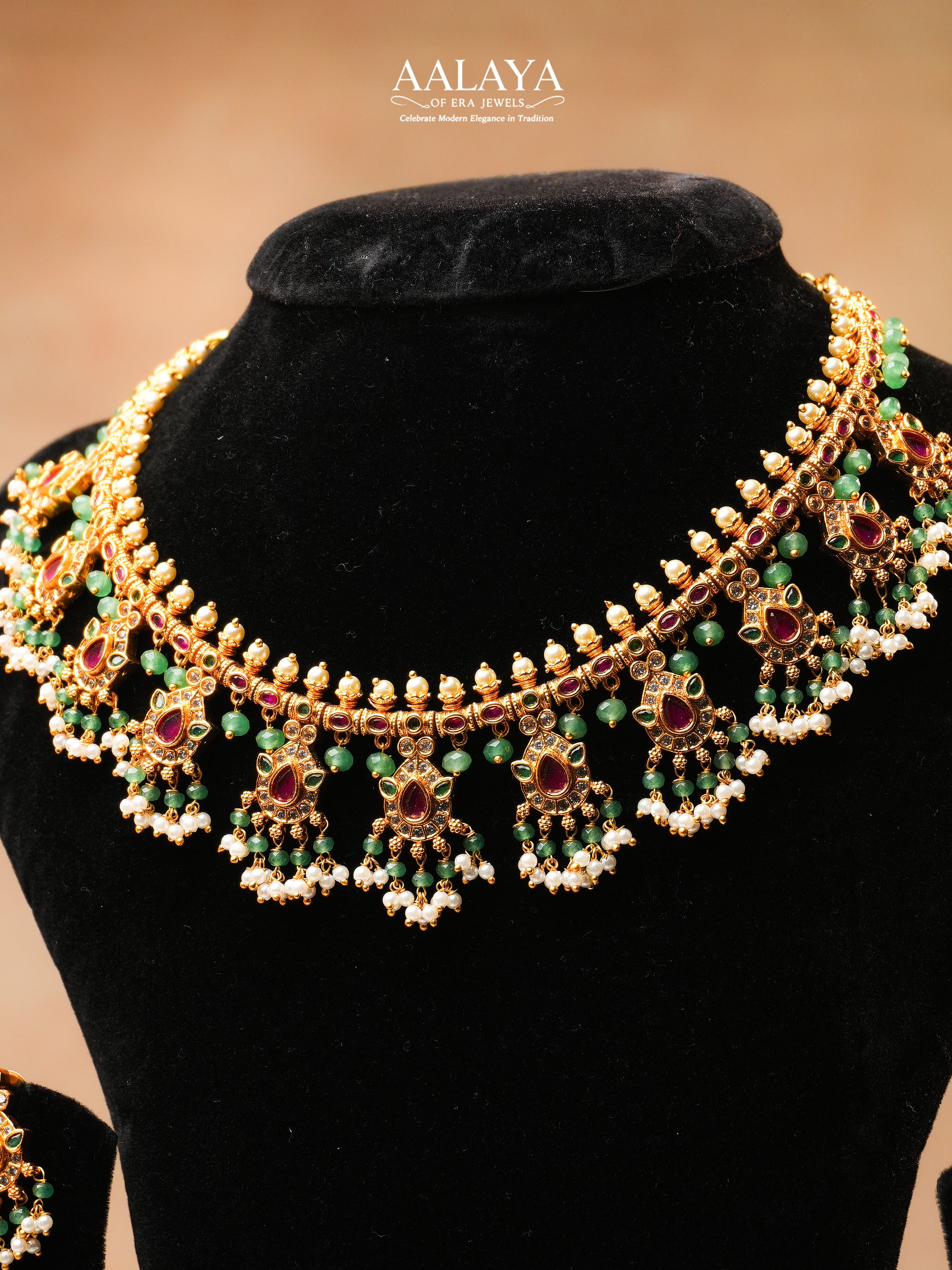 Aalaya Elegant Gutta Pusalu Temple Choker Necklace Set with Ruby, Emerald & Pearl Drops