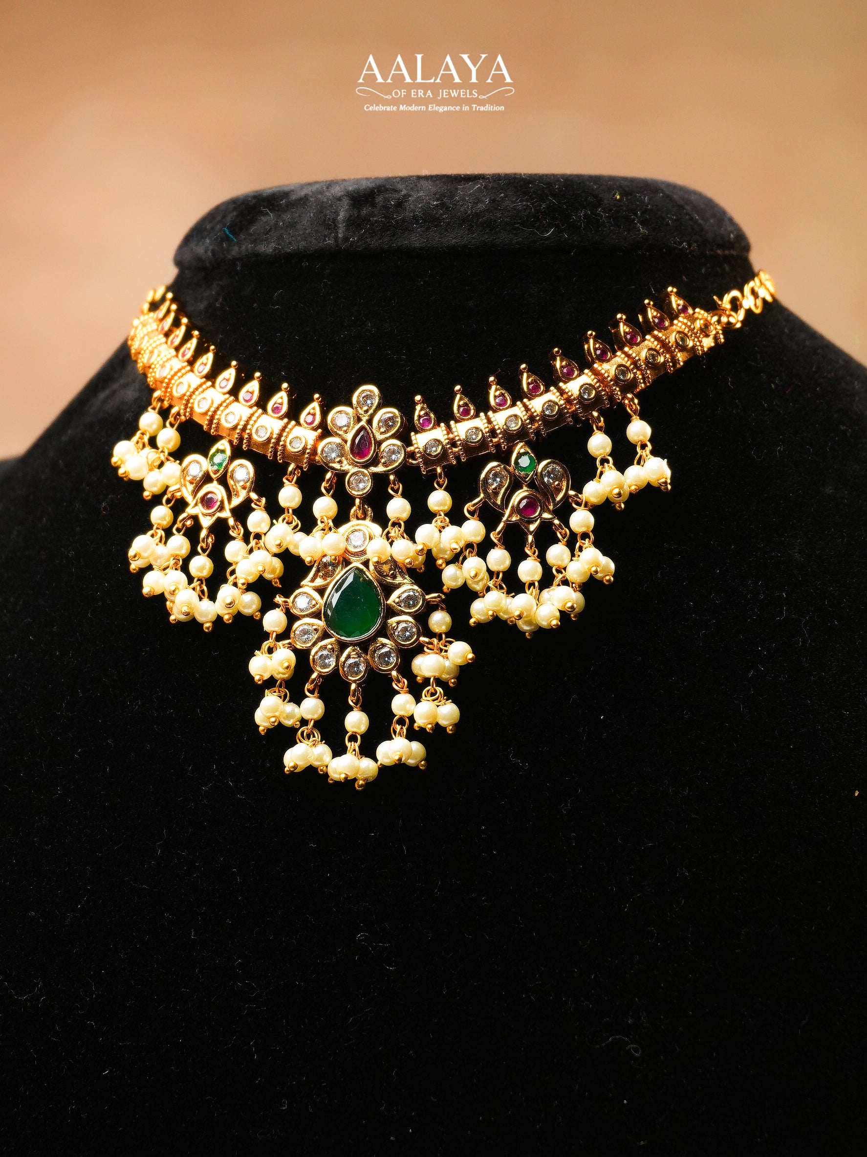 Aalaya Royal Temple Choker Necklace Set with Emerald Center & Pearl Danglers