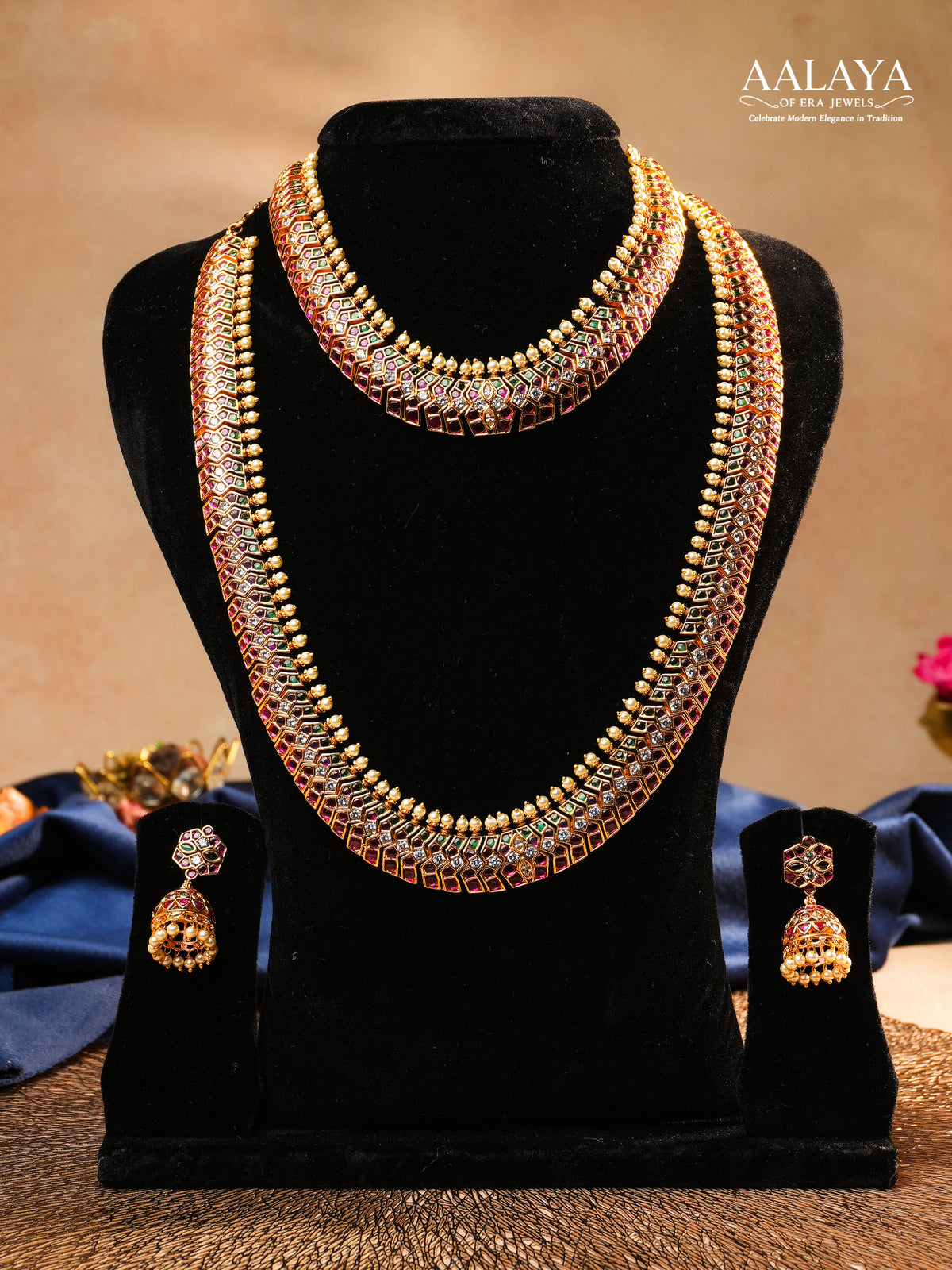Aalaya Dual Layer Kundan Necklace Set with Ruby, Emerald & Pearl Accents
