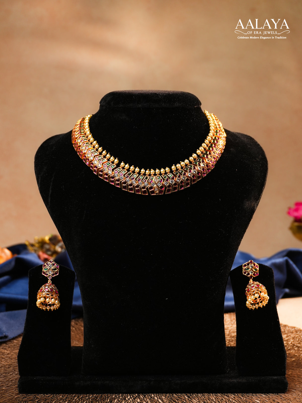 Aalaya Elegant Kundan Choker Necklace Set with Ruby, Emerald & Pearl Accents