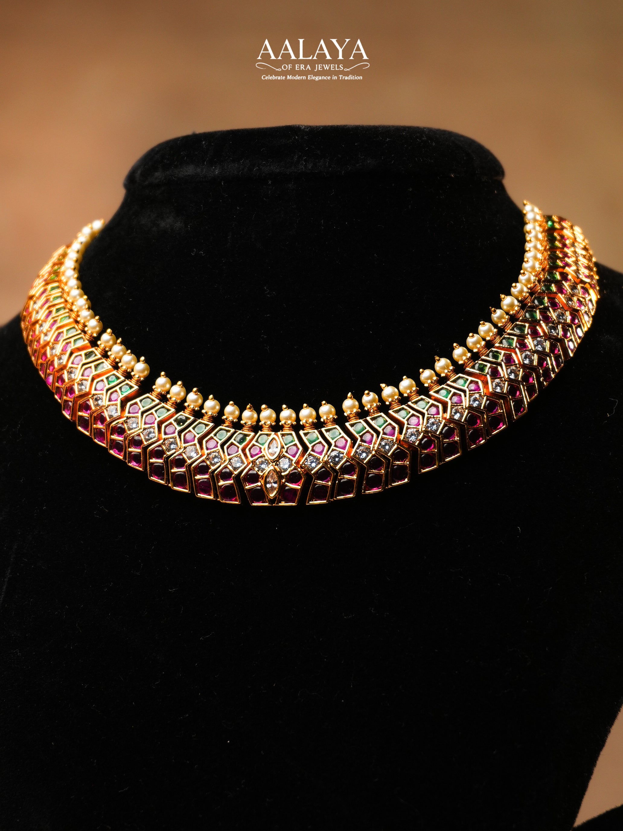 Aalaya Elegant Kundan Choker Necklace Set with Ruby, Emerald & Pearl Accents