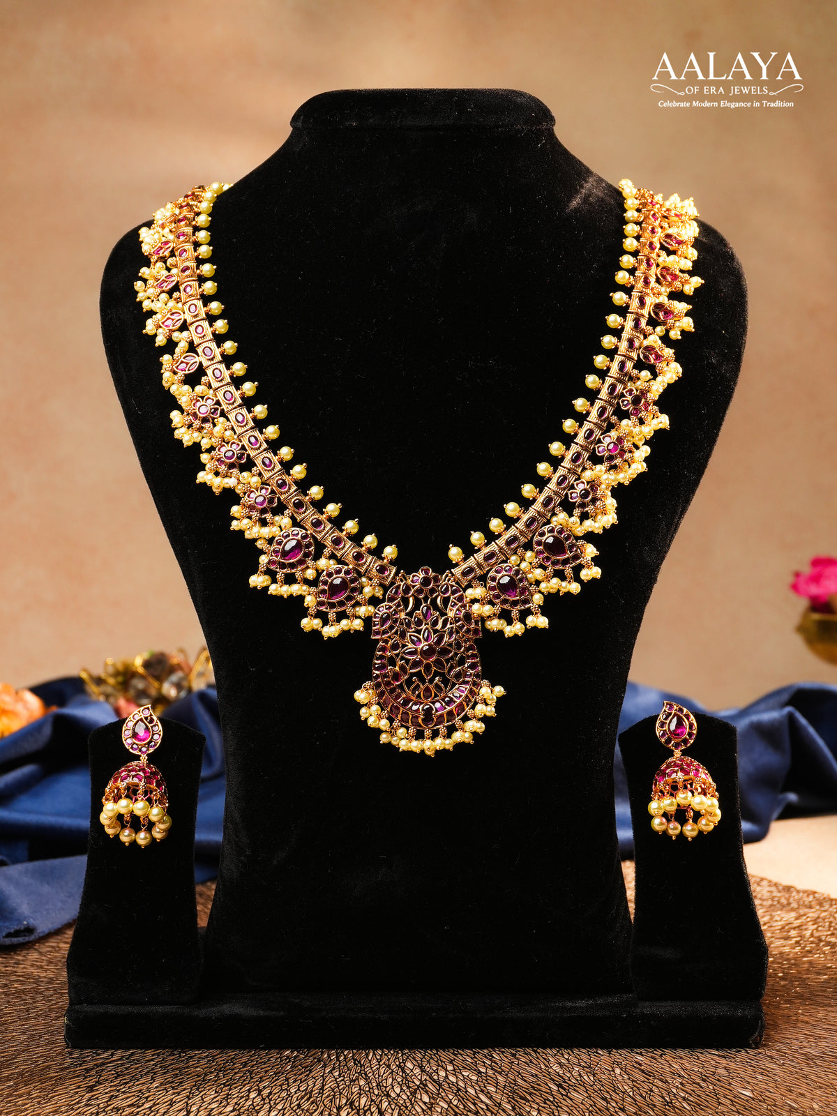 Aalaya Regal Kundan Necklace Set with Ruby Stones & Pearl Danglers
