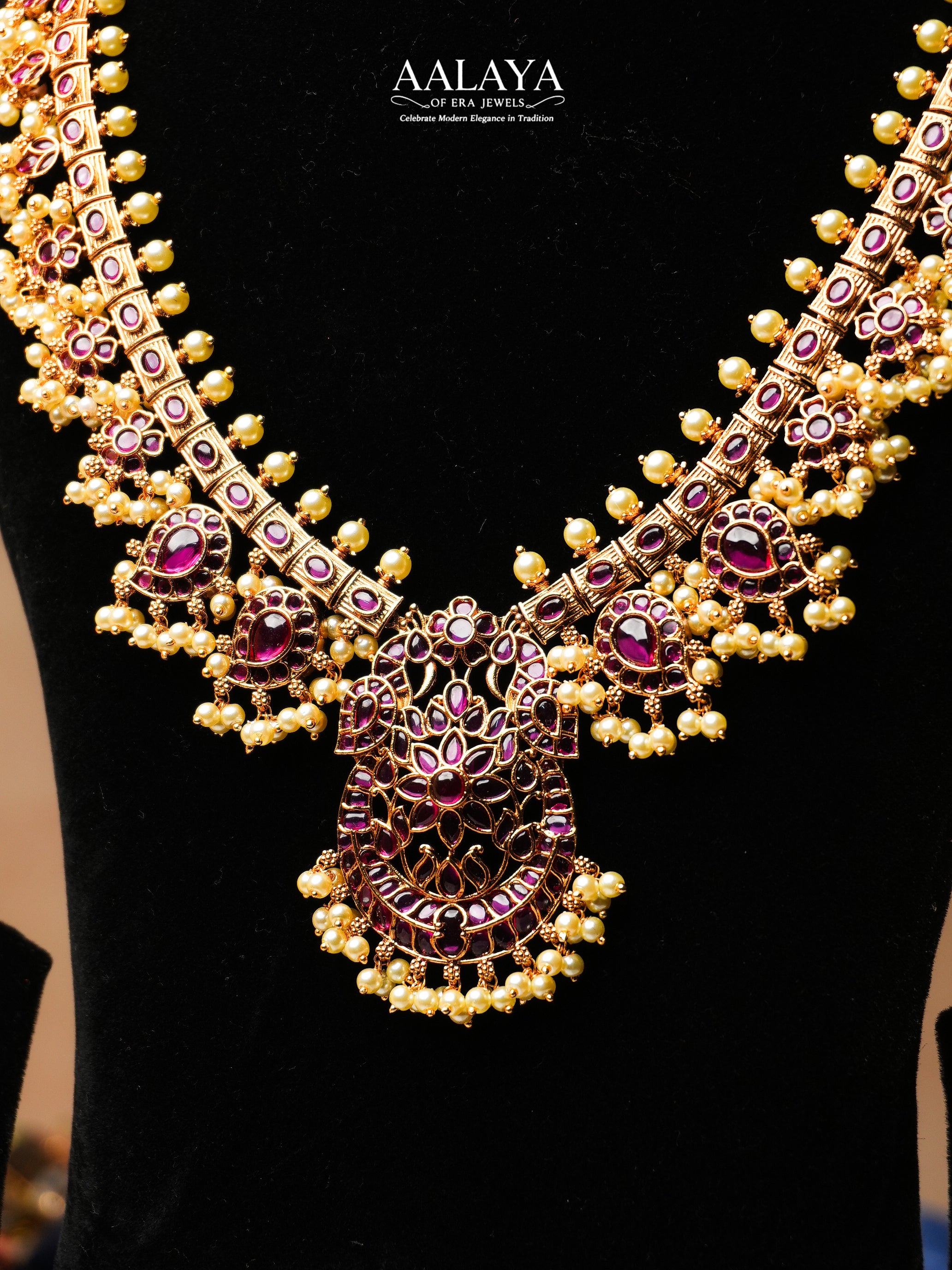 Aalaya Regal Kundan Necklace Set with Ruby Stones & Pearl Danglers