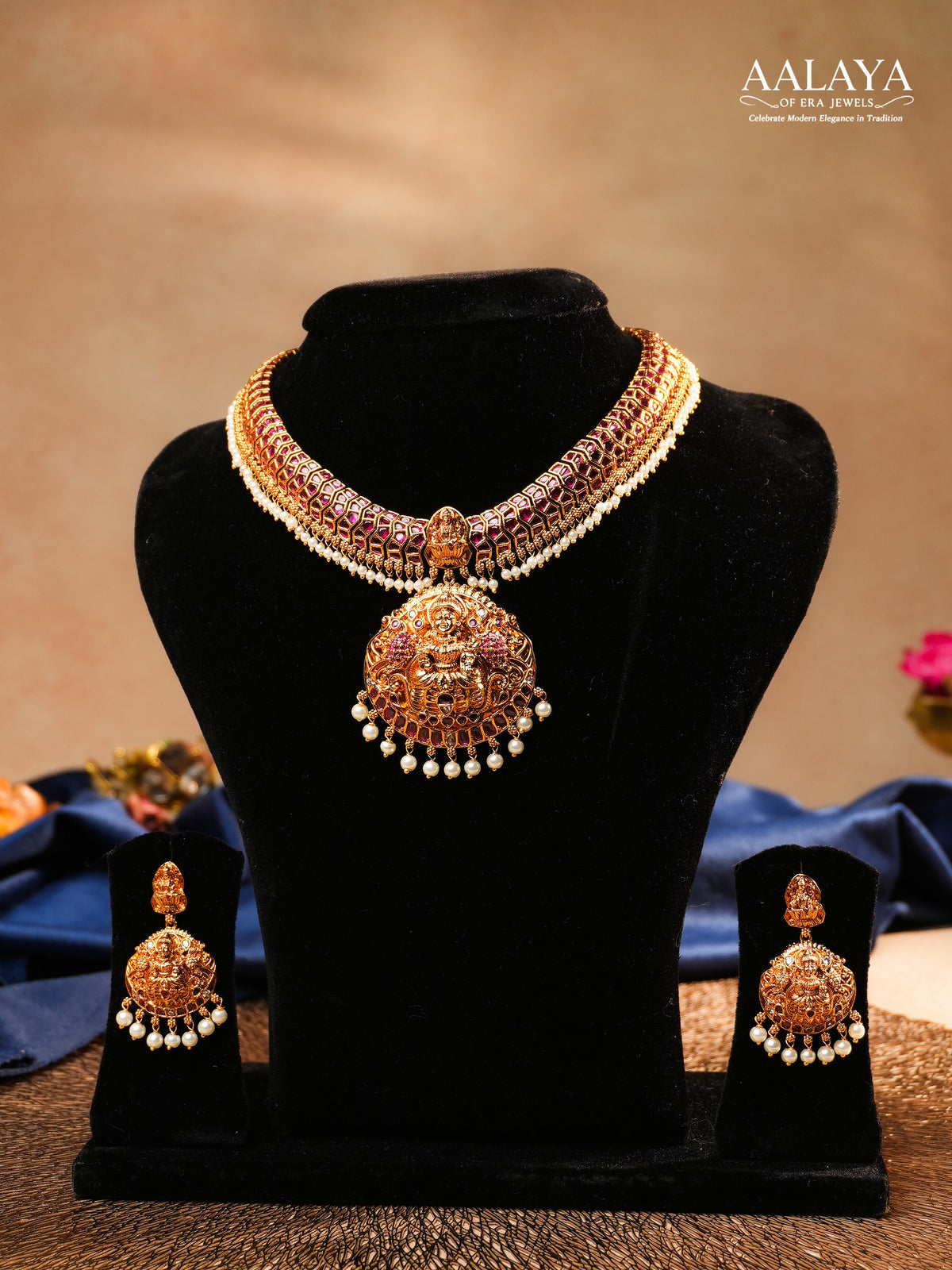 Aalaya Regal Kundan Necklace Set with Ruby Stones & Pearl Danglers