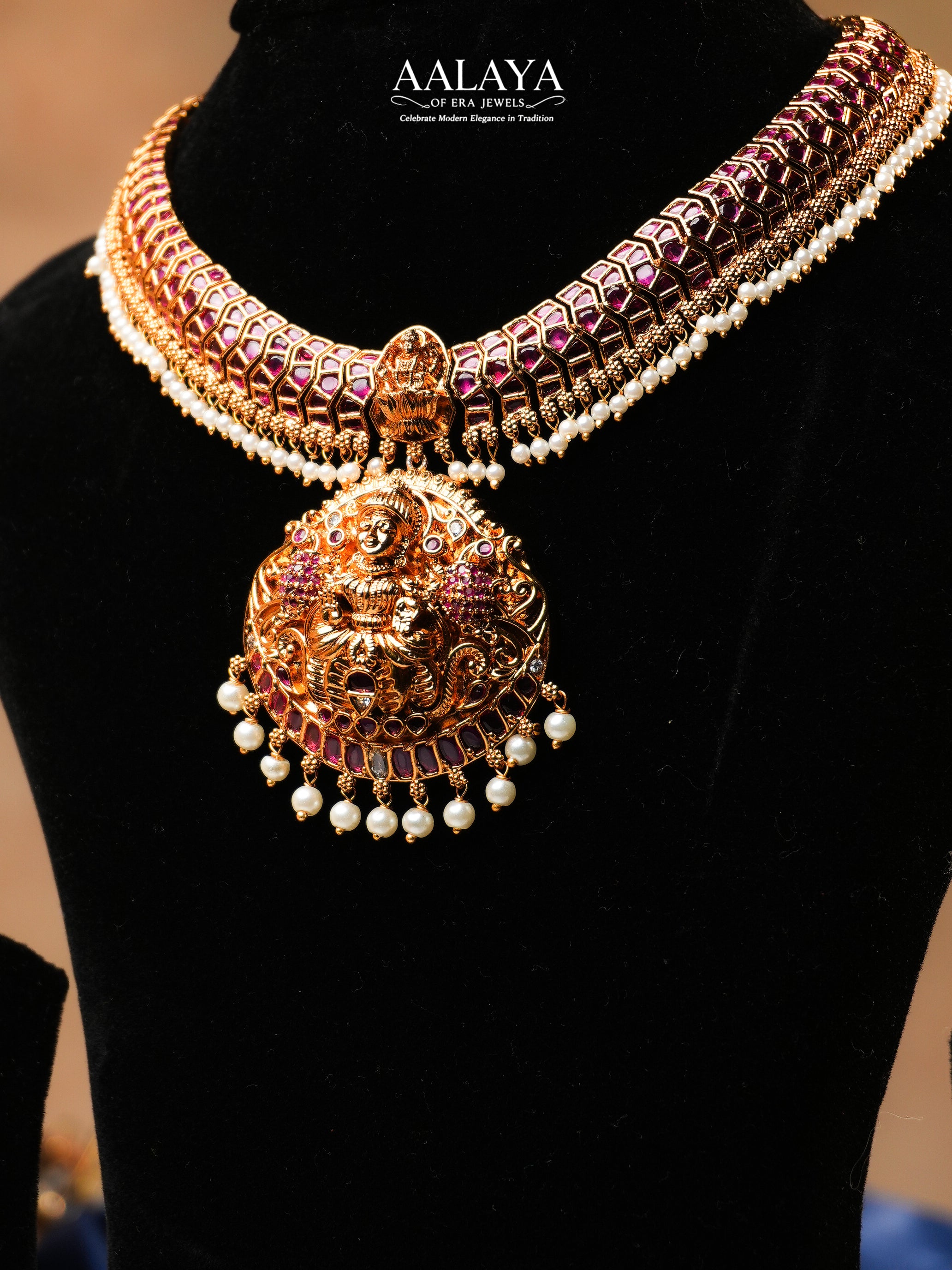 Aalaya Regal Kundan Necklace Set with Ruby Stones & Pearl Danglers