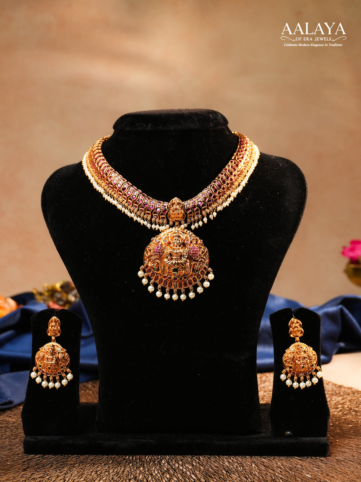 Aalaya Antique Temple Choker Necklace Set with Lakshmi Pendant & Pearl Fringe