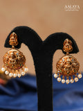 Aalaya Antique Temple Choker Necklace Set with Lakshmi Pendant & Pearl Fringe