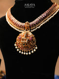 Aalaya Antique Temple Choker Necklace Set with Lakshmi Pendant & Pearl Fringe