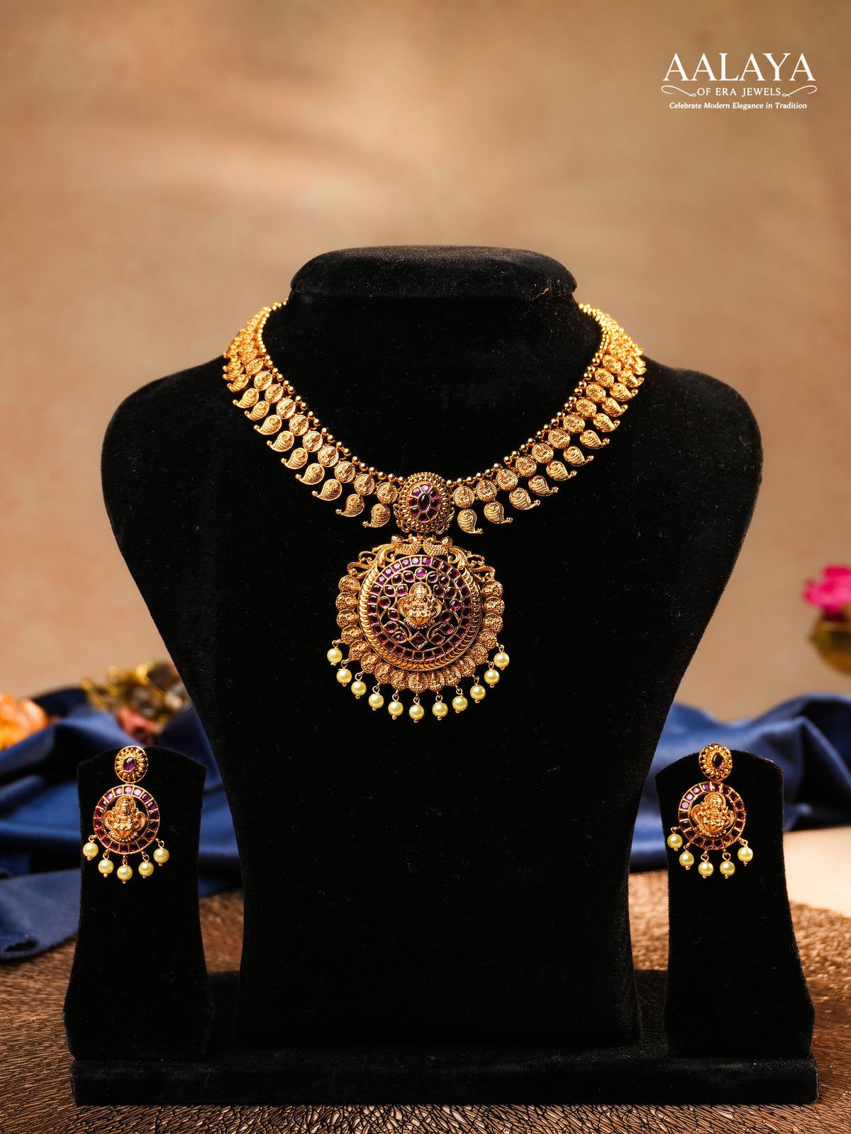 Aalaya Antique Temple Necklace Set with Lakshmi Medallion & Pearl Drops
