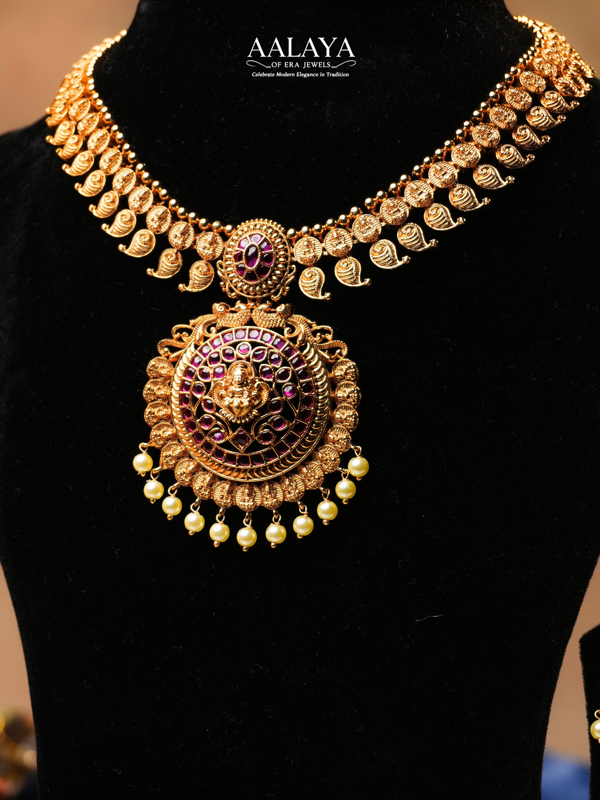 Aalaya Antique Temple Necklace Set with Lakshmi Medallion & Pearl Drops