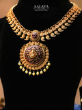 Aalaya Antique Temple Necklace Set with Lakshmi Medallion & Pearl Drops