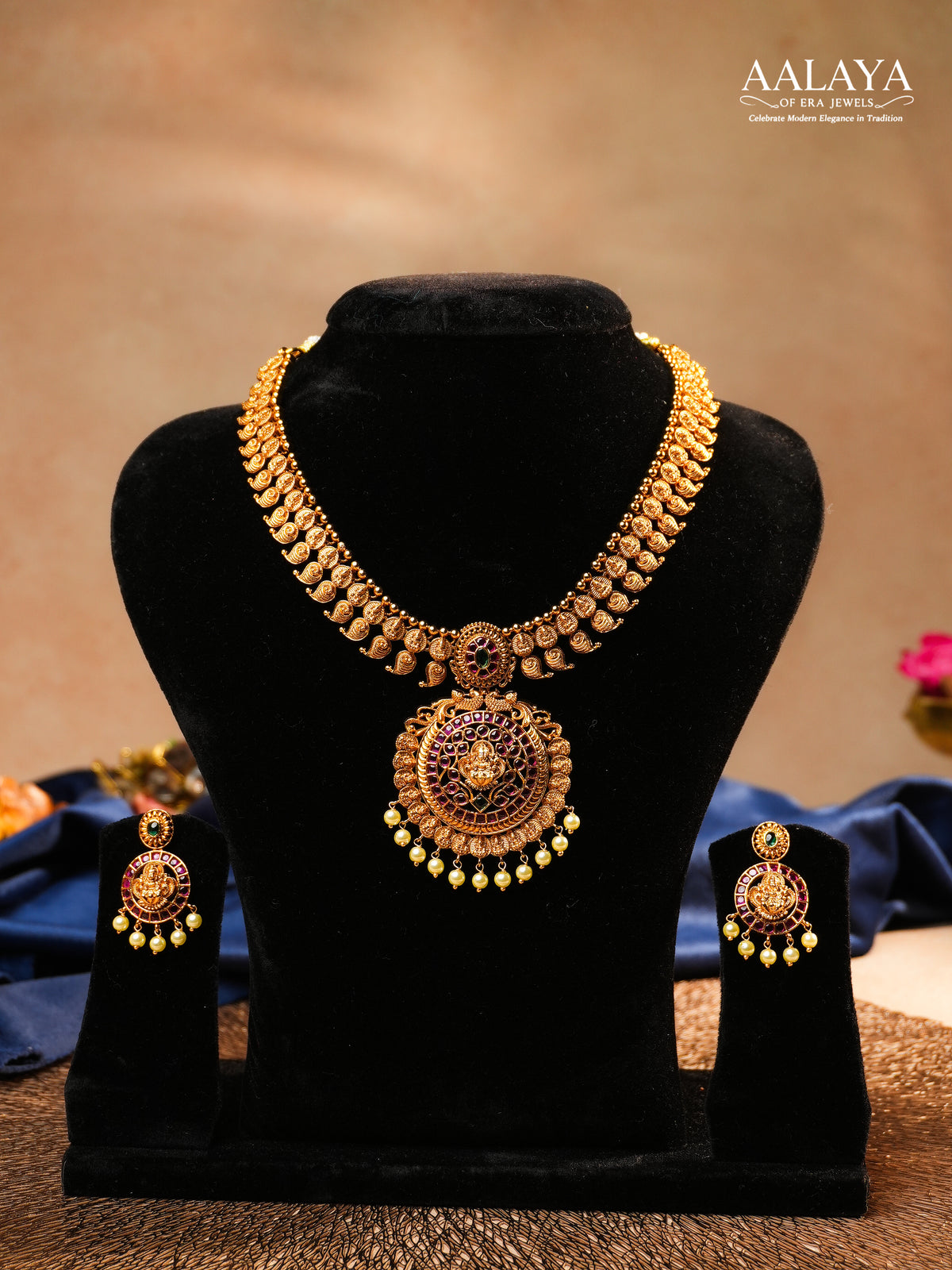Aalaya Traditional Temple Necklace Set with Lakshmi Pendant & Coin Motif Detailing