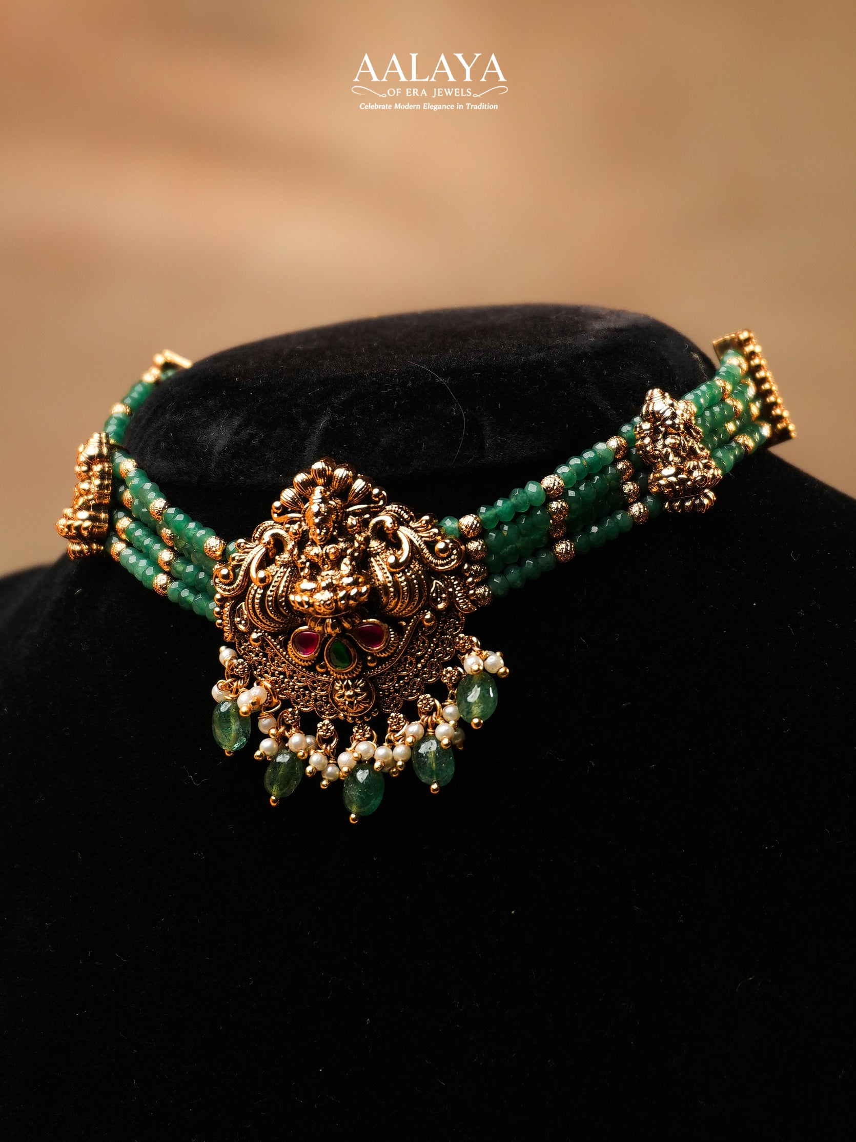 Aalaya Temple Beaded Choker Necklace Set with Lakshmi Motif & Emerald Drops