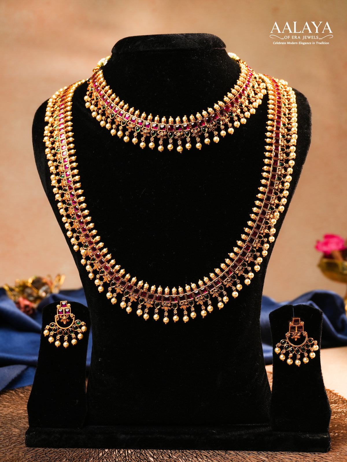 Aalaya Temple Beaded Necklace Set with Lakshmi Motif & Emerald Drops
