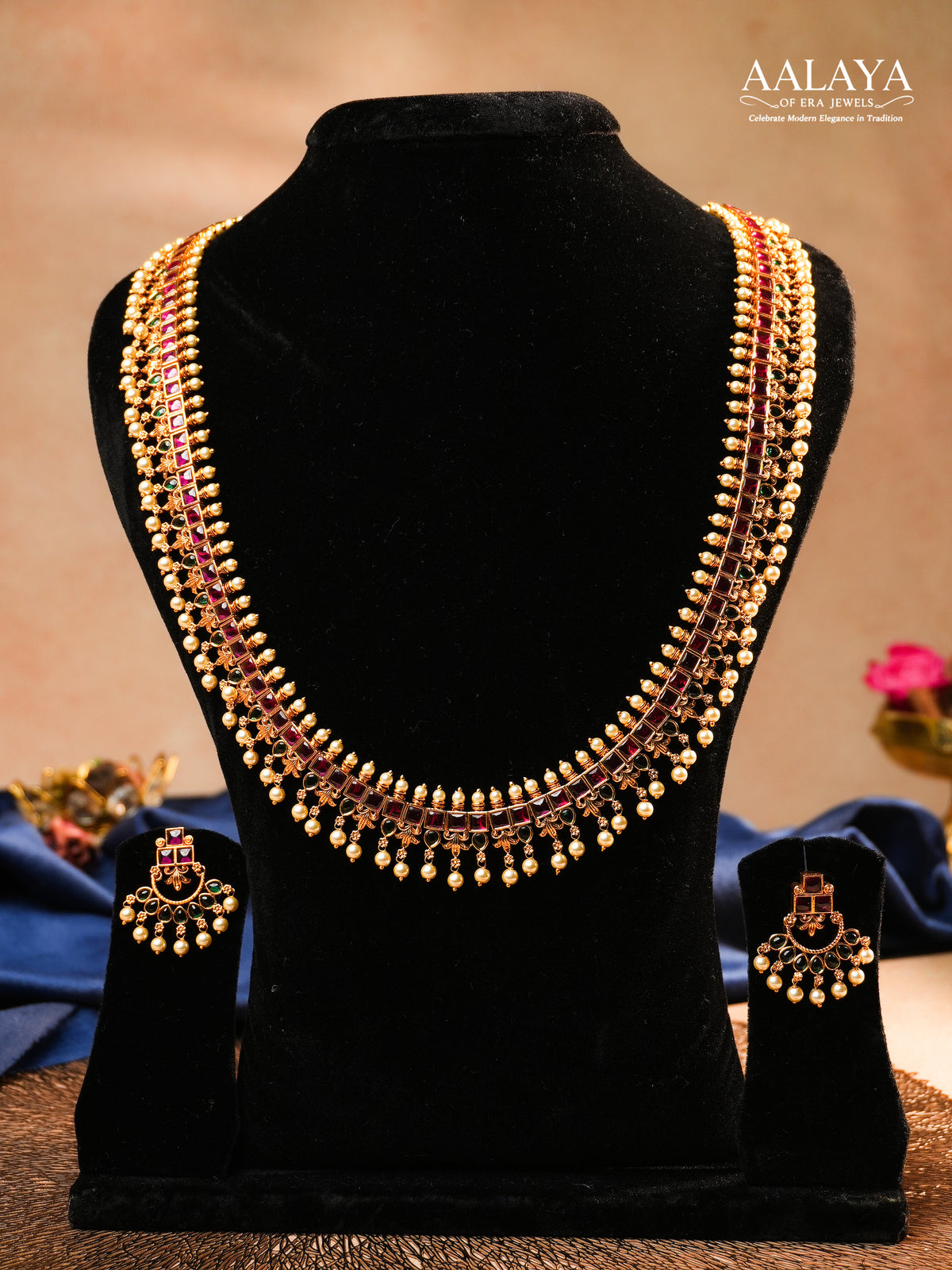 Aalaya Long Kundan Necklace Set with Pearl Fringe & Ruby Detailing