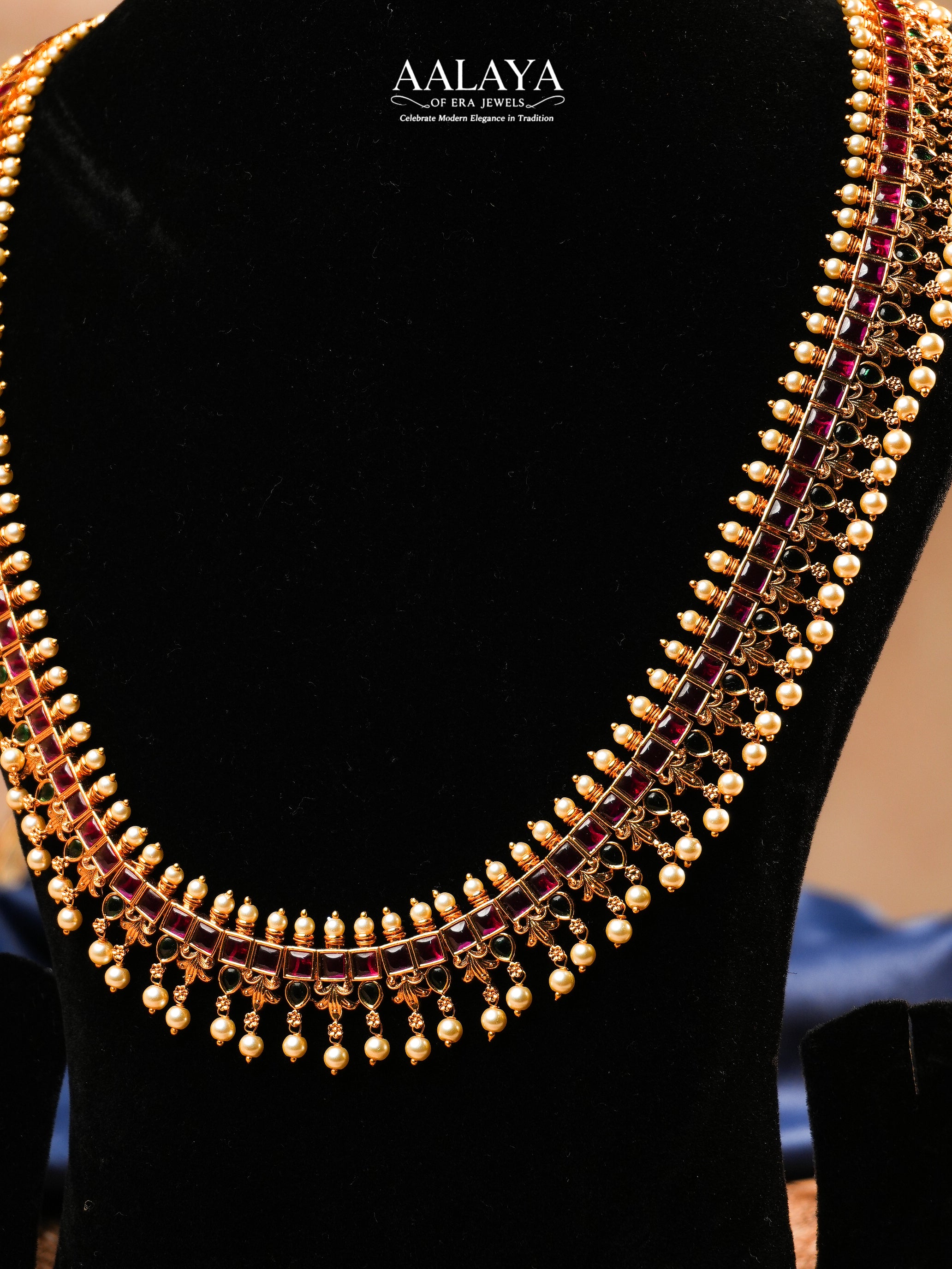 Aalaya Long Kundan Necklace Set with Pearl Fringe & Ruby Detailing