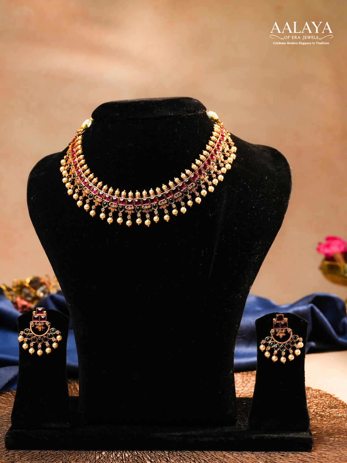 Aalaya Kundan Choker Necklace Set with Pearl Drops & Ruby Highlights
