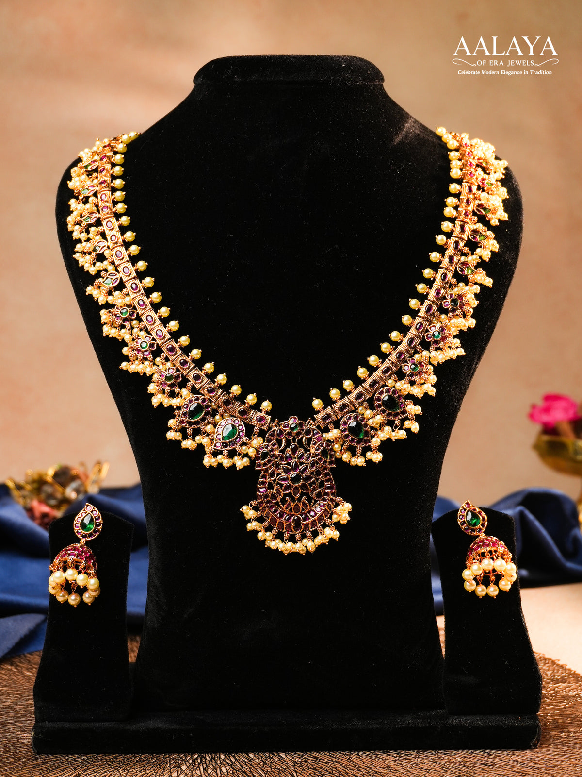 Aalaya Antique Kundan Necklace Set with Statement Pendant & Pearl Detailing