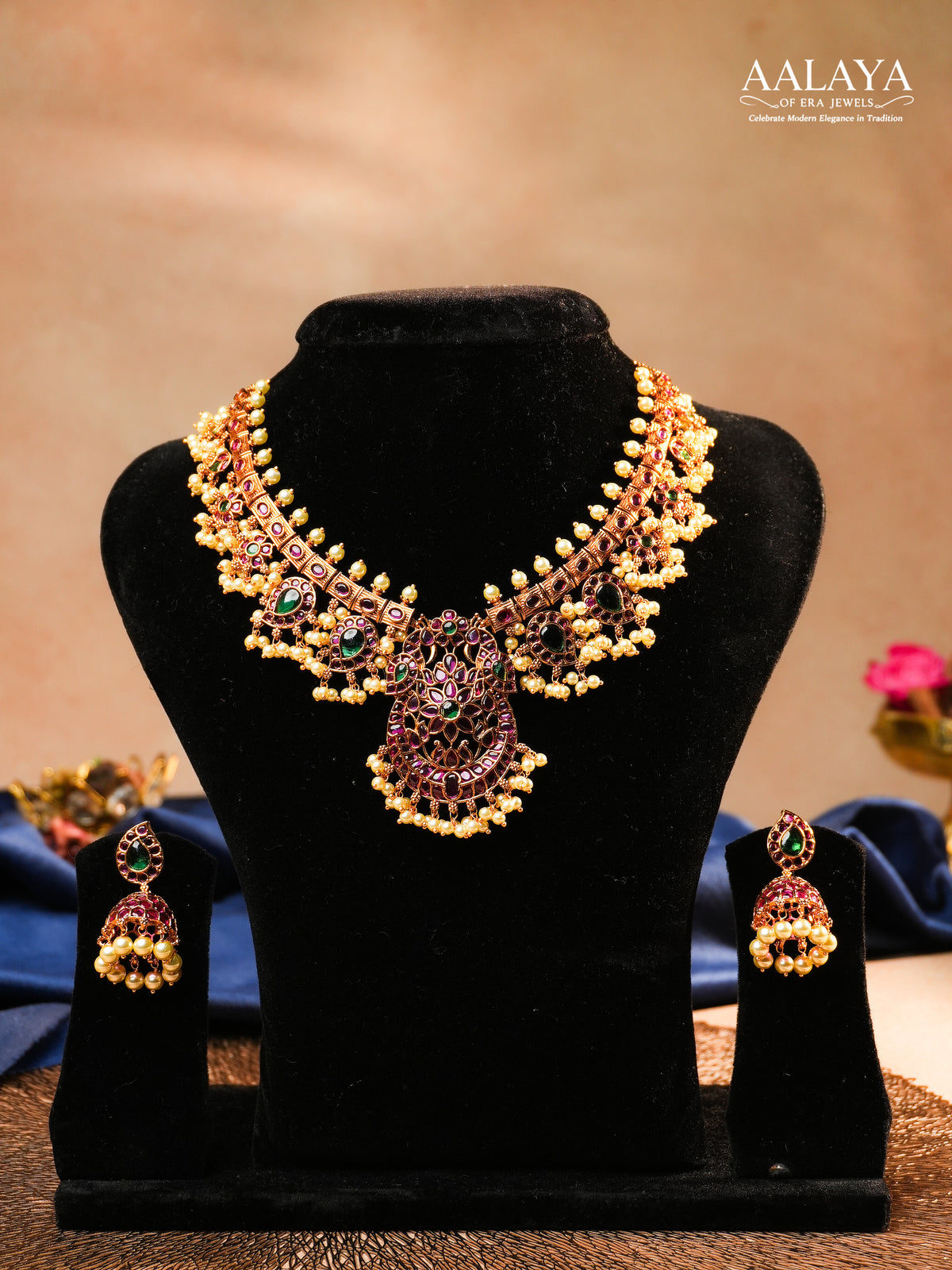 Aalaya Antique Kundan Necklace Set with Statement Pendant & Pearl Detailing