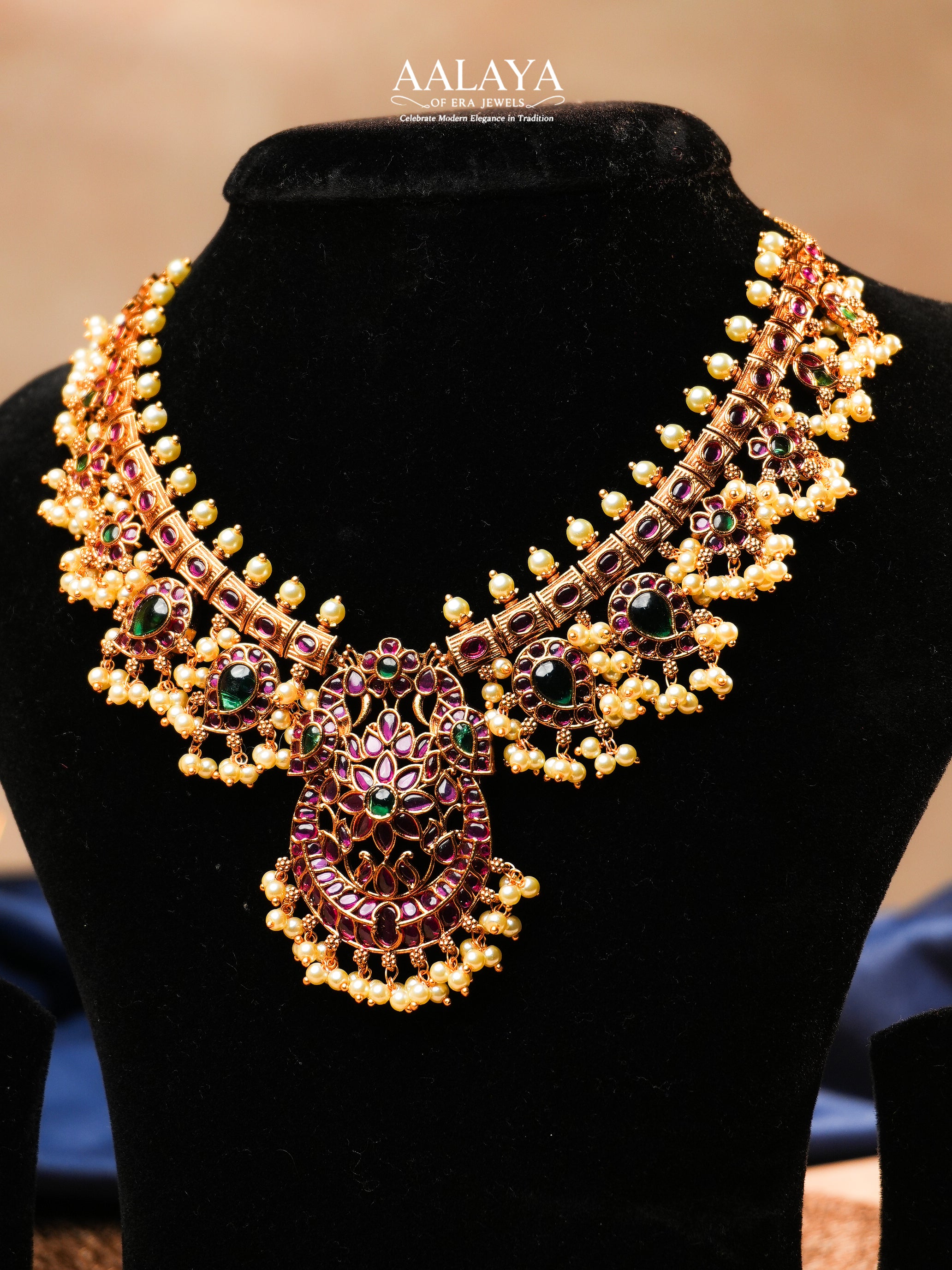 Aalaya Antique Kundan Necklace Set with Statement Pendant & Pearl Detailing