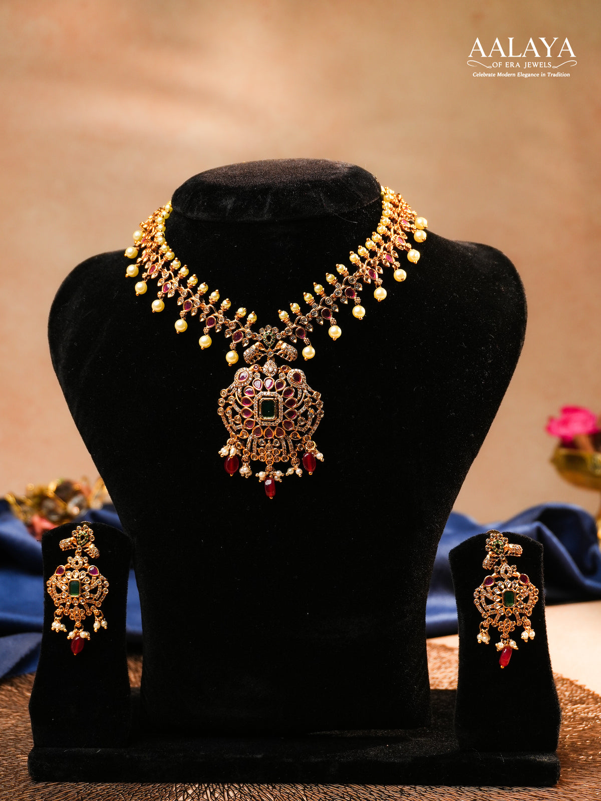 Aalaya Antique Kundan Necklace Set with Emerald-Cut Pendant & Ruby Drops