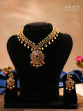 Aalaya Antique Kundan Necklace Set with Emerald-Cut Pendant & Ruby Drops