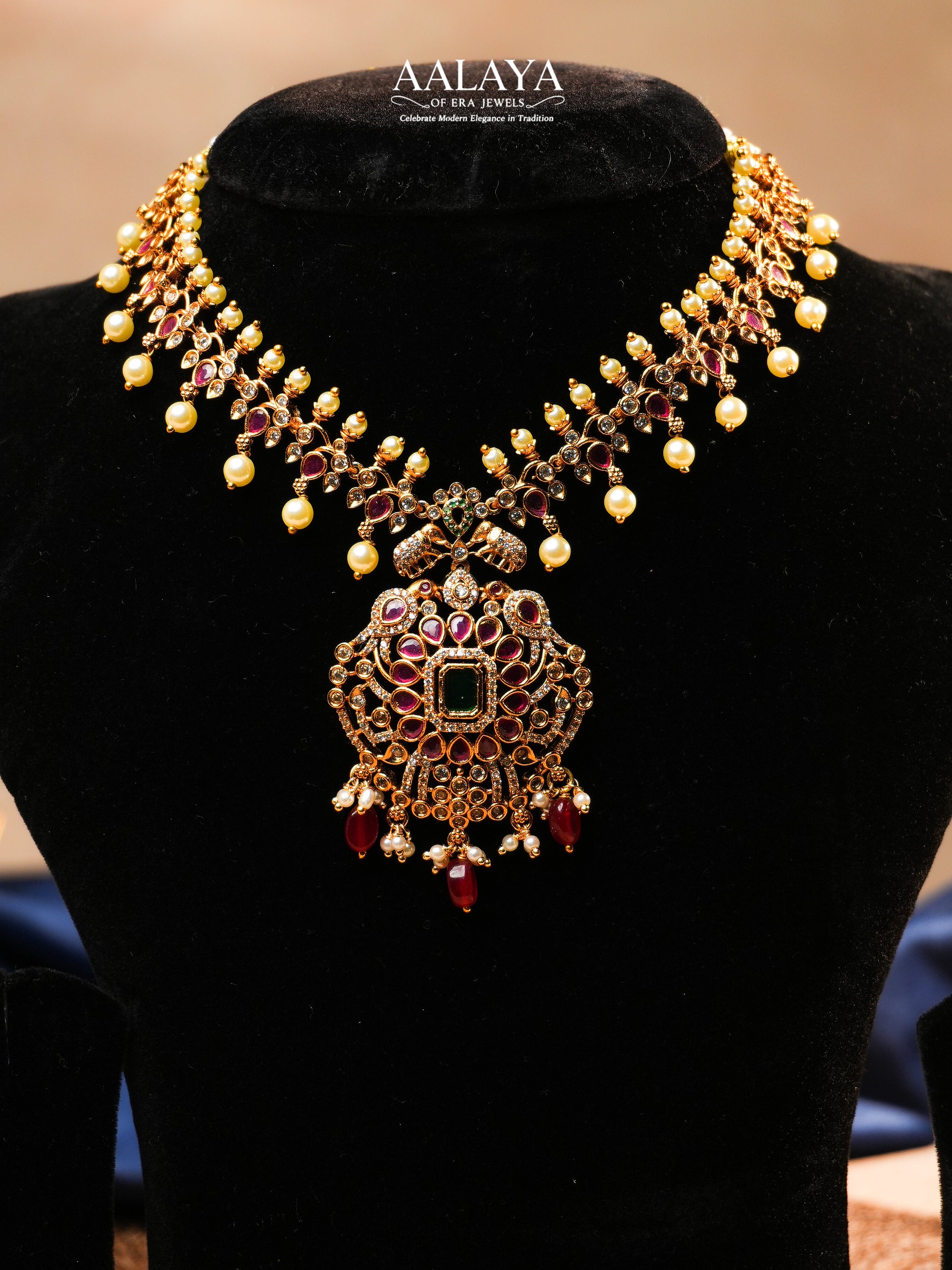 Aalaya Antique Kundan Necklace Set with Emerald-Cut Pendant & Ruby Drops