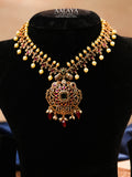 Aalaya Antique Kundan Necklace Set with Emerald-Cut Pendant & Ruby Drops