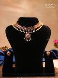 Aalaya Antique Kundan Necklace Set with Emerald-Cut Pendant & Ruby Drops