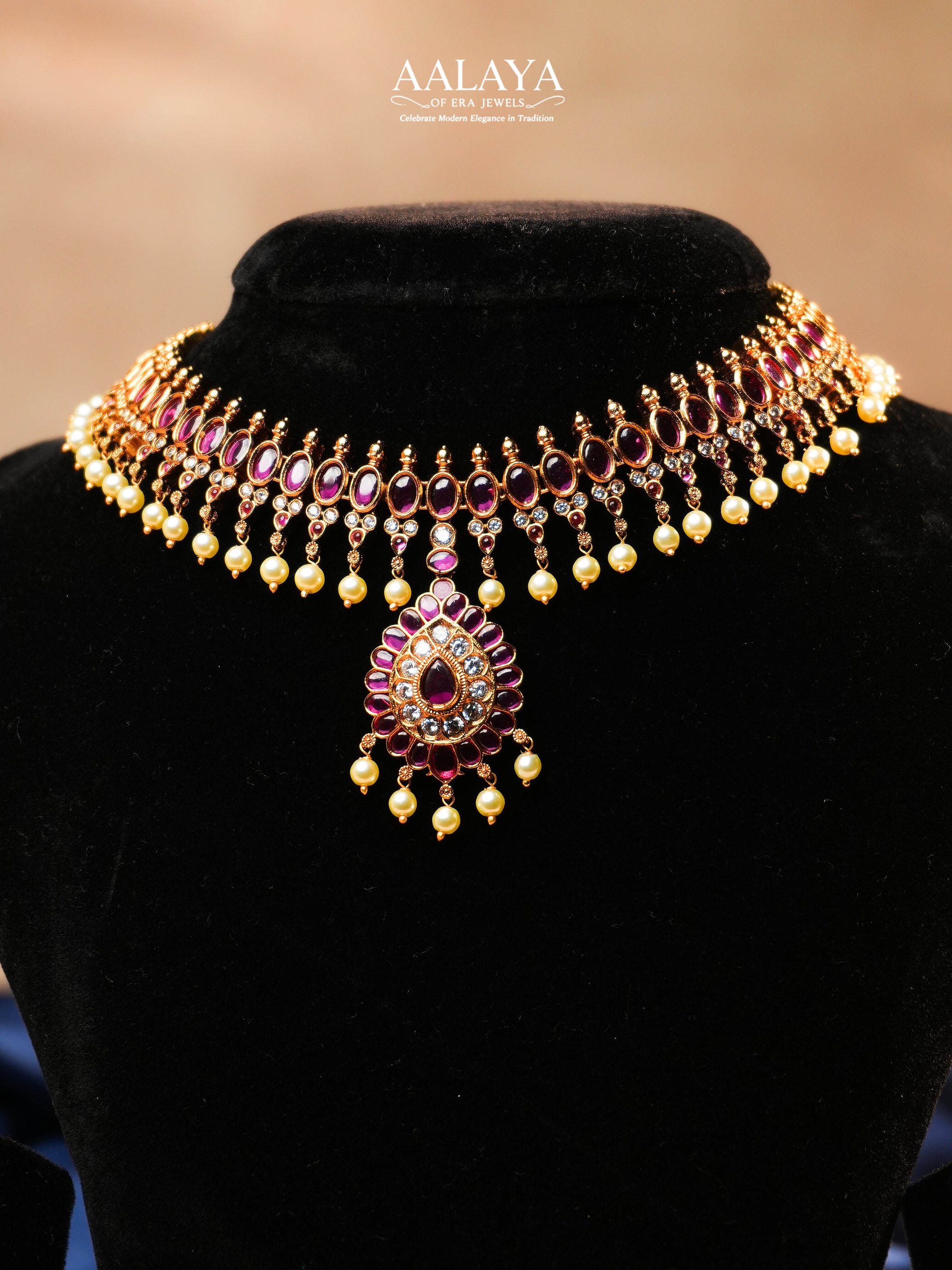 Aalaya Antique Kundan Necklace Set with Emerald-Cut Pendant & Ruby Drops