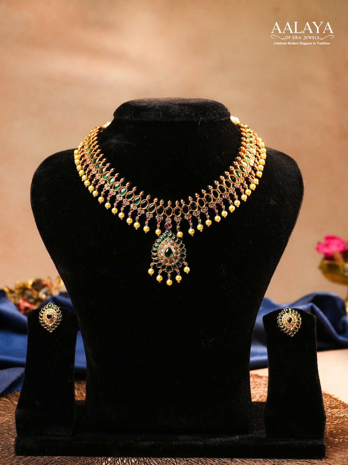 Aalaya Kundan Choker Necklace Set with Emerald Accents & Teardrop Pendant