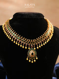 Aalaya Kundan Choker Necklace Set with Emerald Accents & Teardrop Pendant