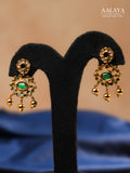 Aalaya Minimal Kundan Necklace Set with Emerald Pendant & Delicate Drops