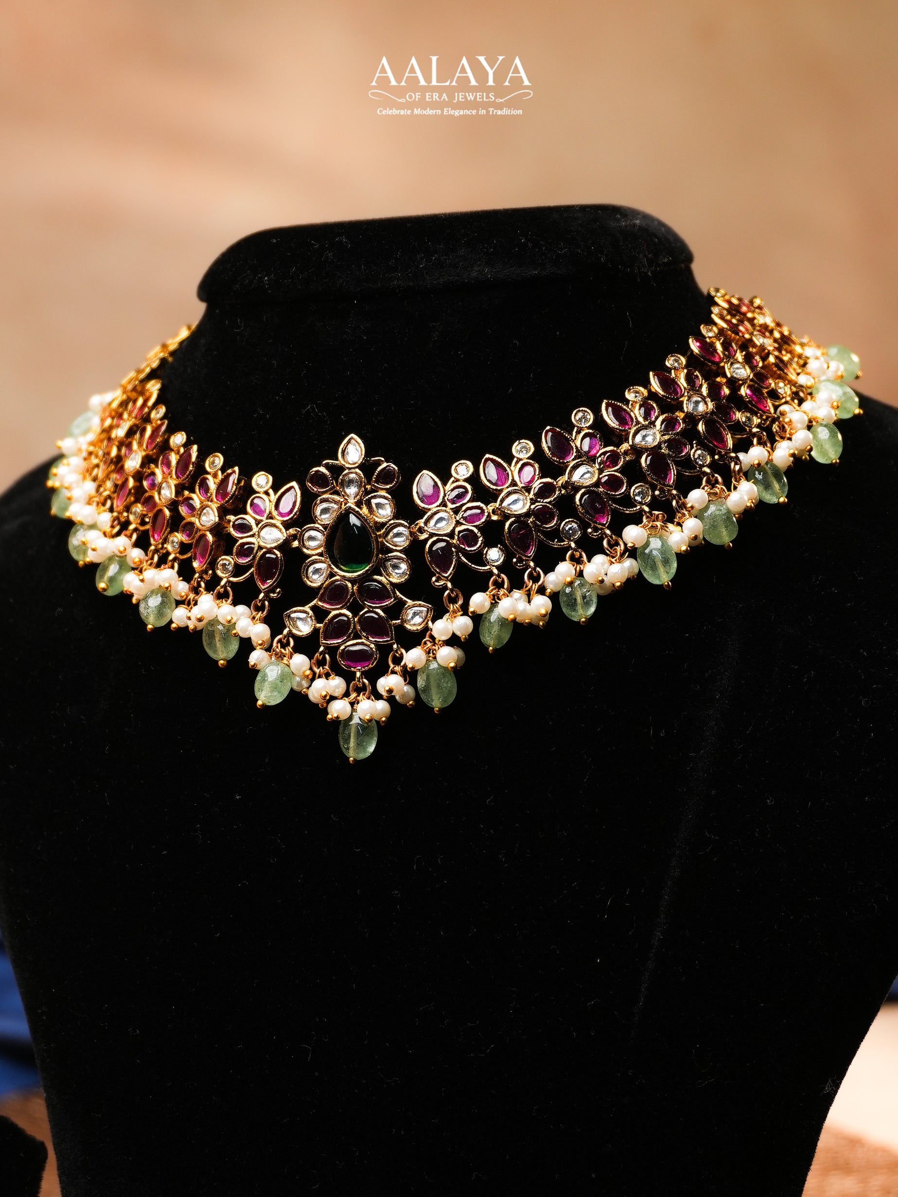 Aalaya Floral Kundan Choker Set with Emerald Drops