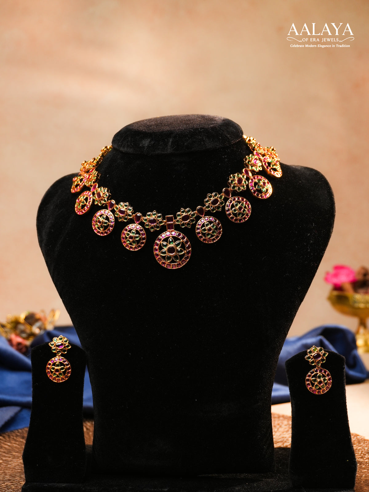 Aalaya Traditional Kundan Necklace Set with Floral Disc Motifs