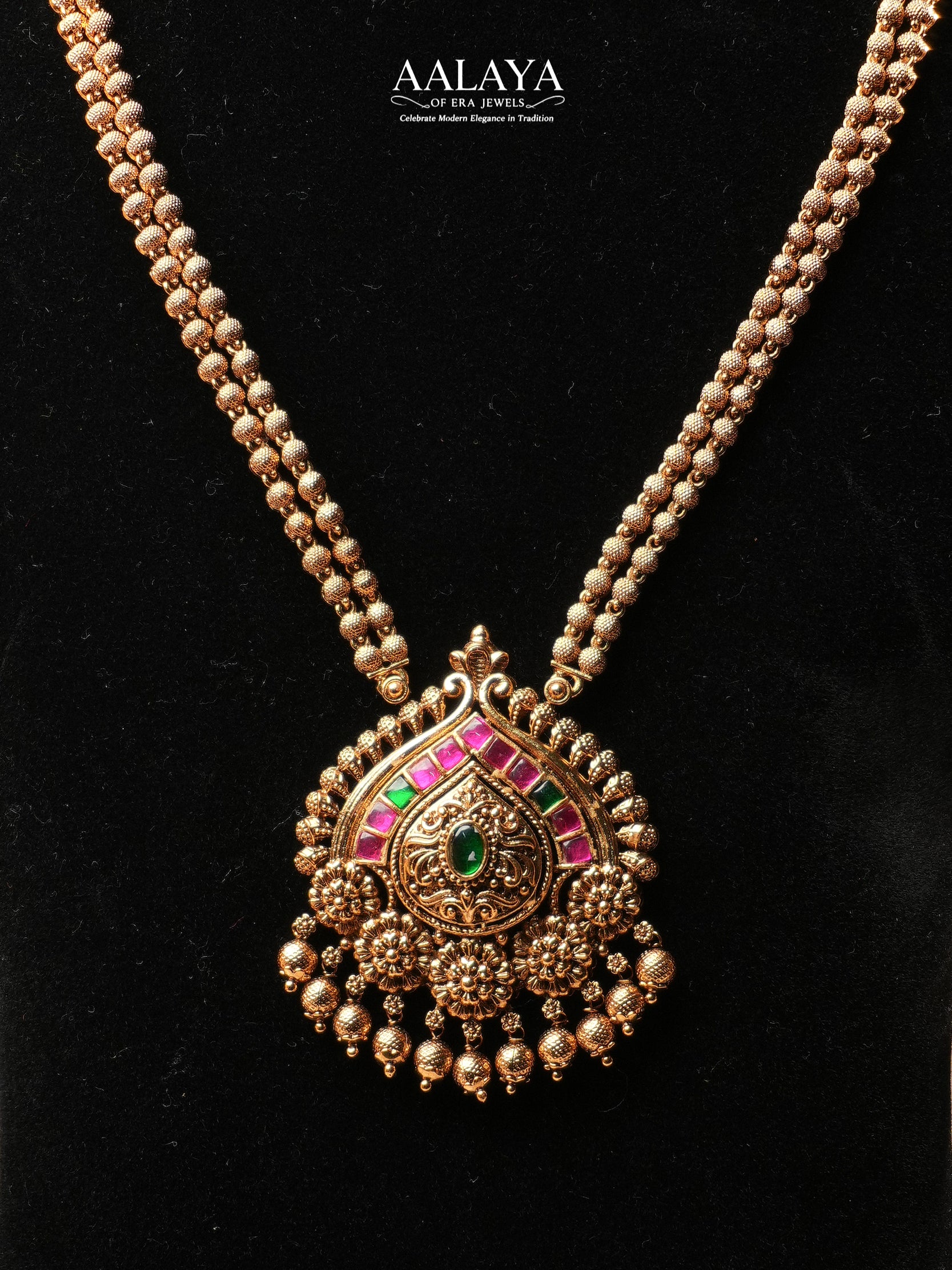 Aalaya Temple Ruby Emerald Pendant Haram Set