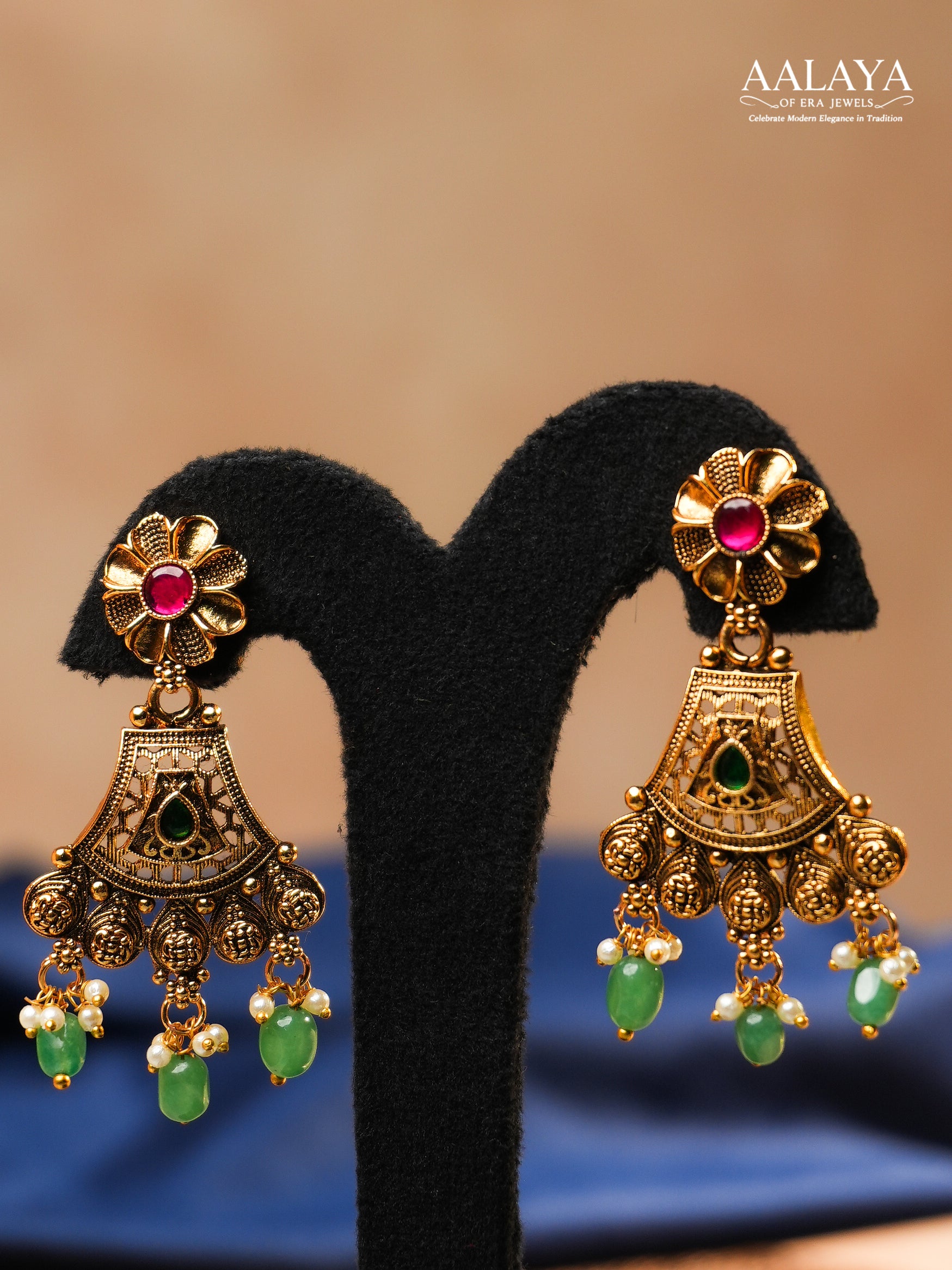 Aalaya Antique Filigree Necklace Set with Green Bead Drops