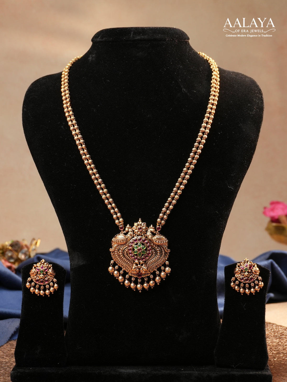 Aalaya Dual Peacock Temple Pendant Necklace Set with Jhumka Earrings