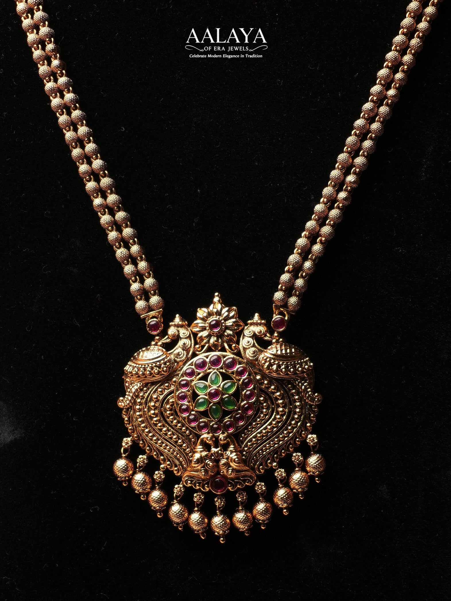 Aalaya Dual Peacock Temple Pendant Necklace Set with Jhumka Earrings