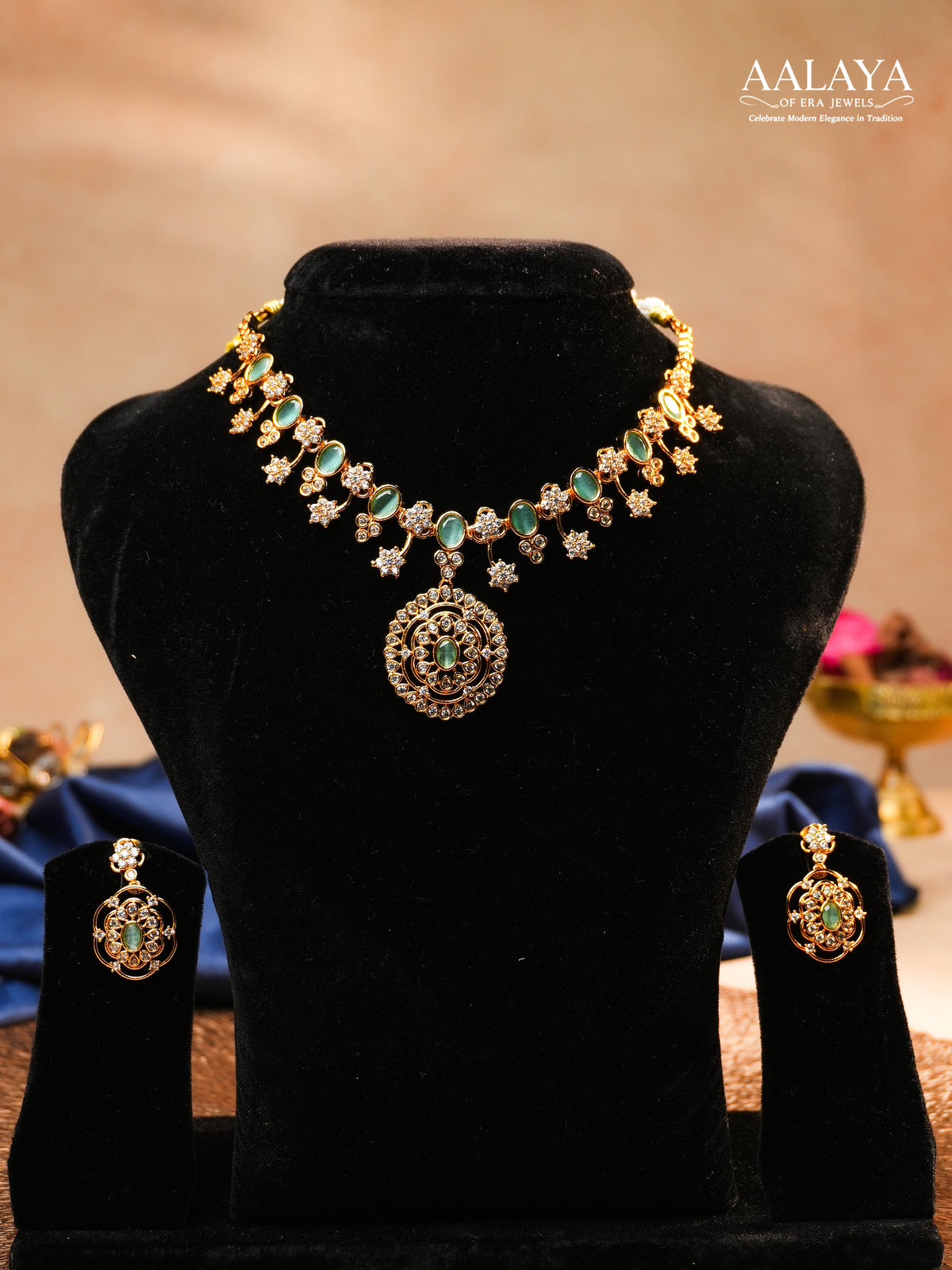 Aalaya Statement Charm Necklace Set with Emerald Accent Pendant