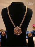 Aalaya Ruby-Centric Peacock Temple Pendant Necklace Set with Jhumka Earrings