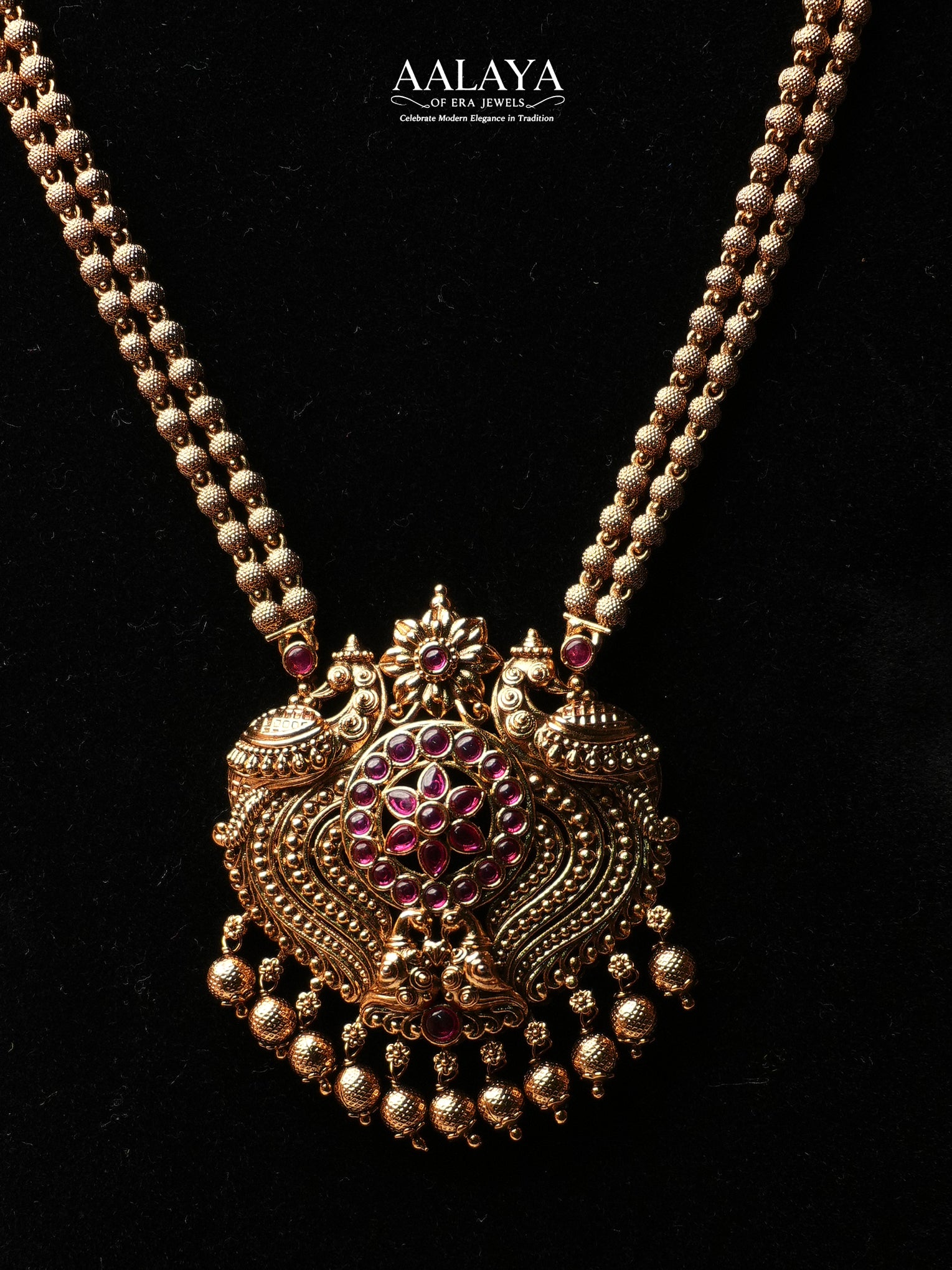 Aalaya Ruby-Centric Peacock Temple Pendant Necklace Set with Jhumka Earrings