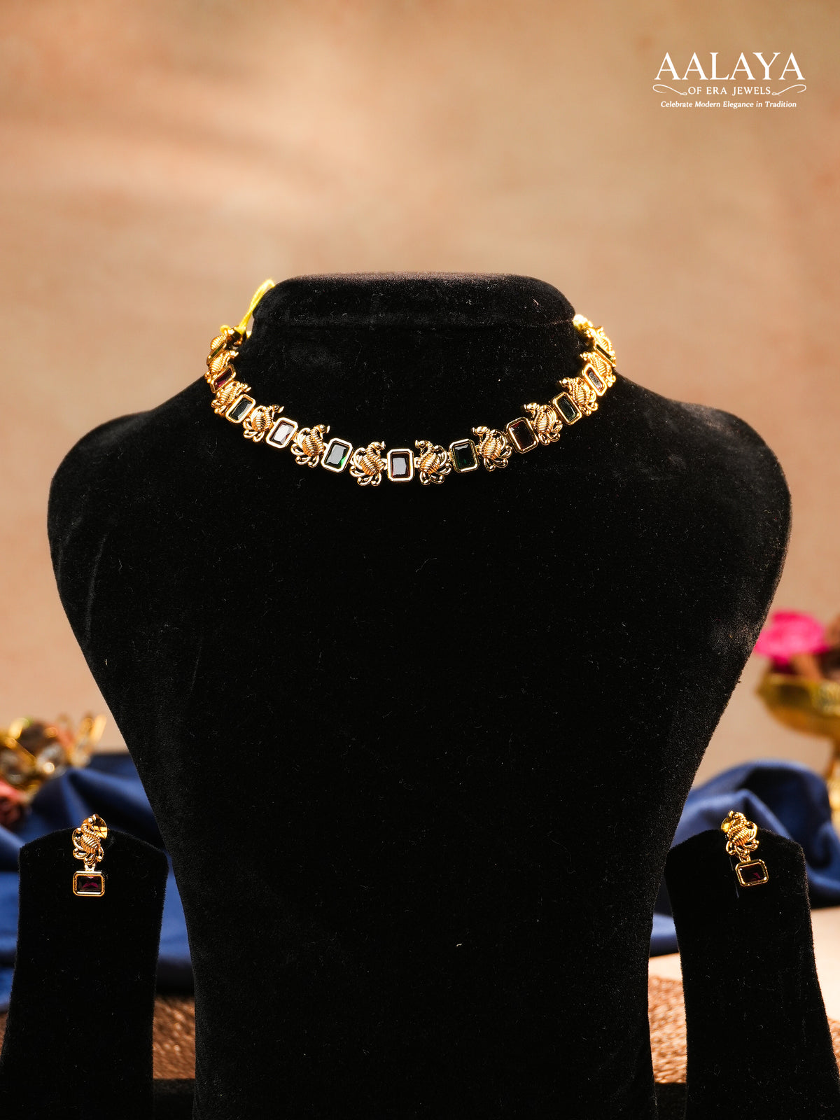 Aalaya Contemporary Ruby Emerald Link Necklace Set