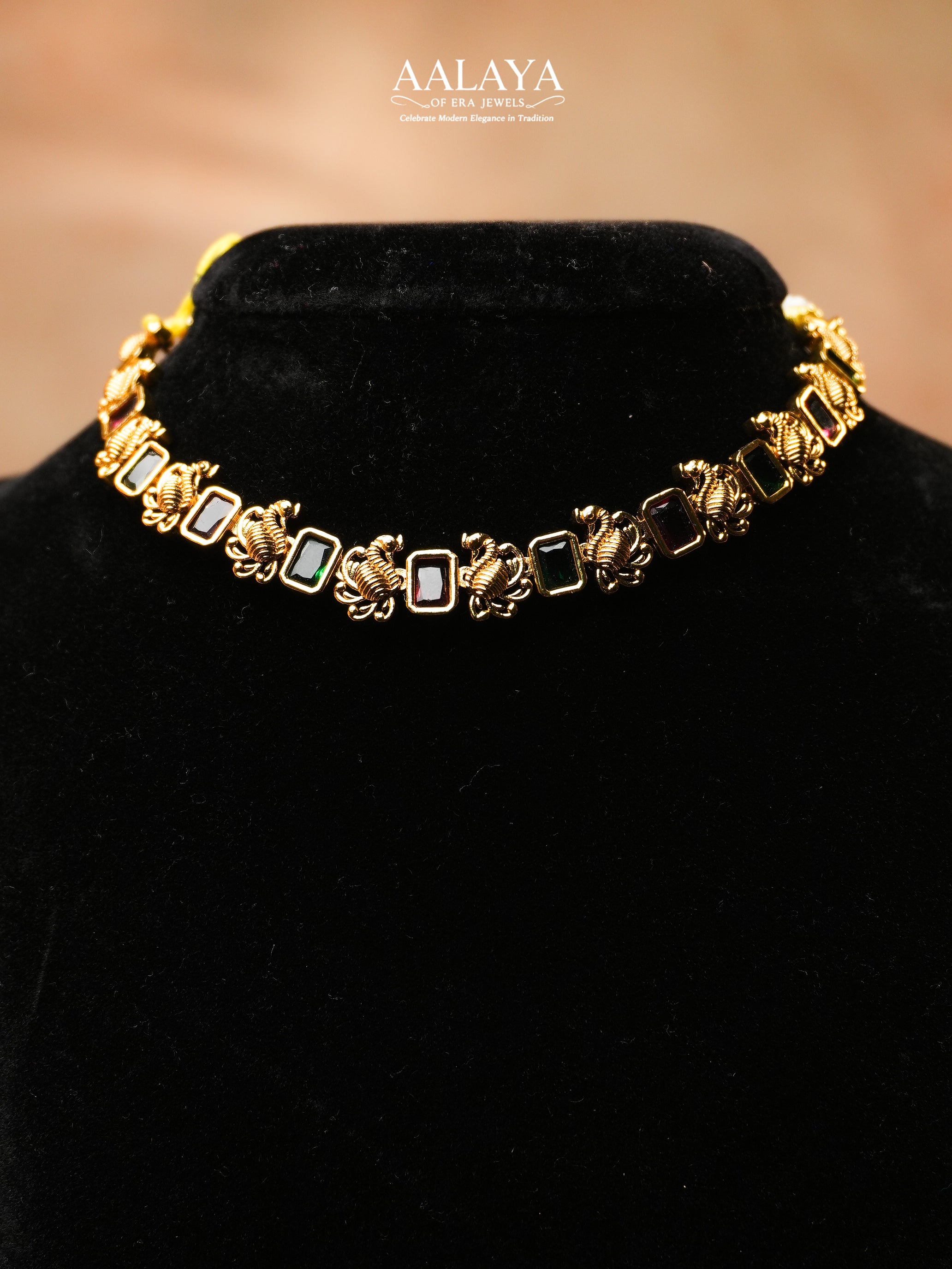 Aalaya Contemporary Ruby Emerald Link Necklace Set