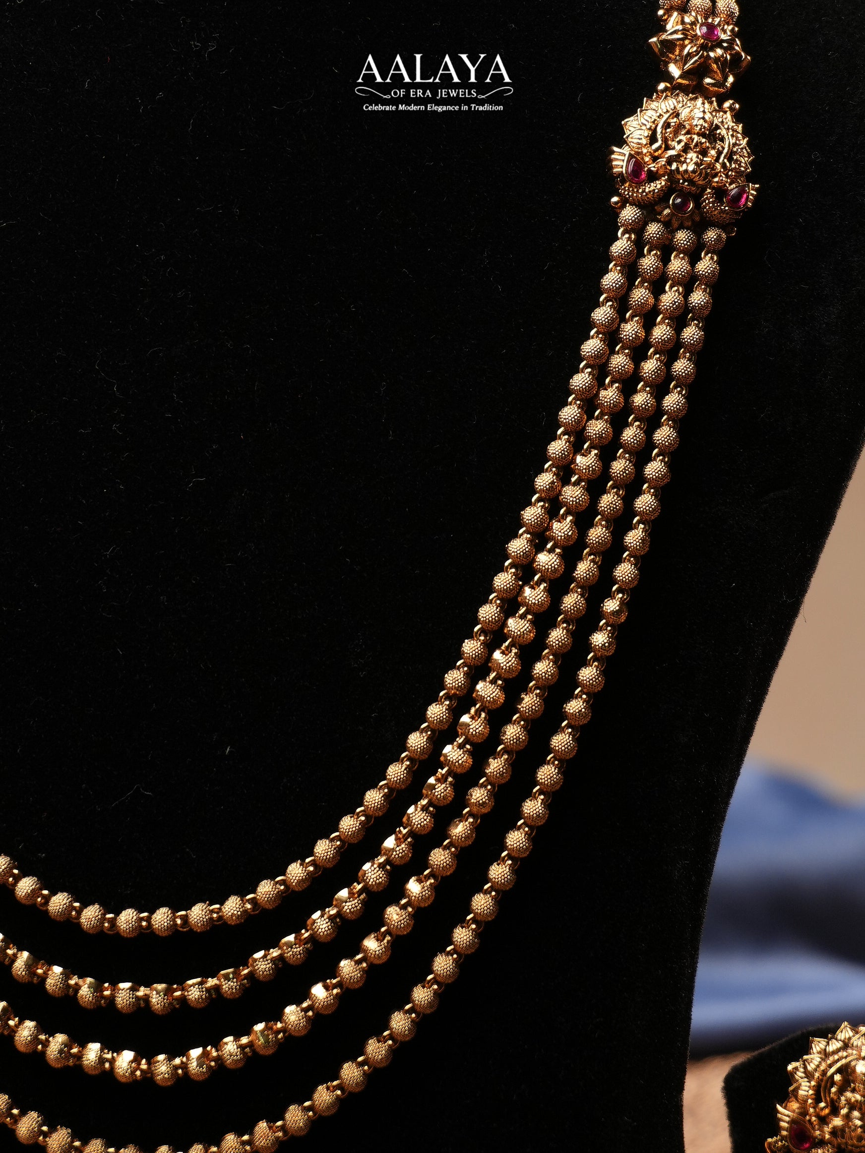 Aalaya Lakshmi Multi-Layer Beaded Haram Set with Temple Jhumkas