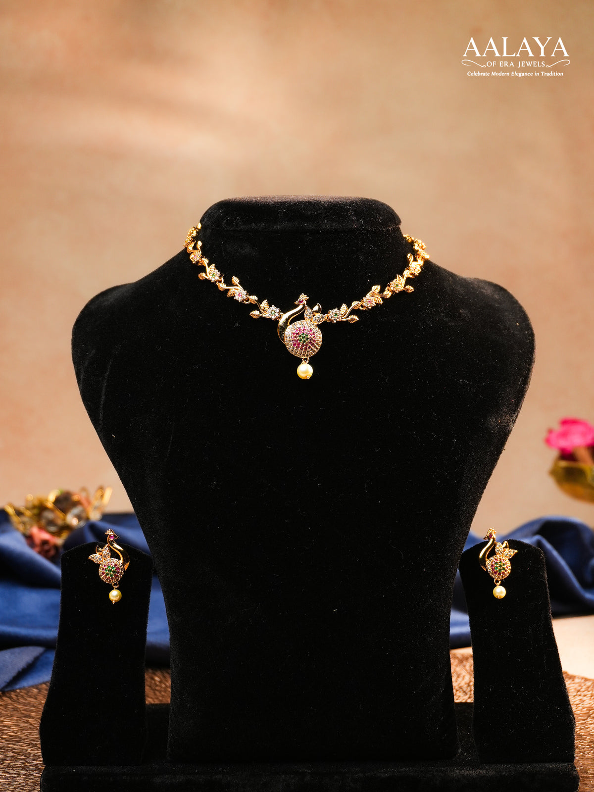 Aalaya Peacock Motif Charm Necklace Set