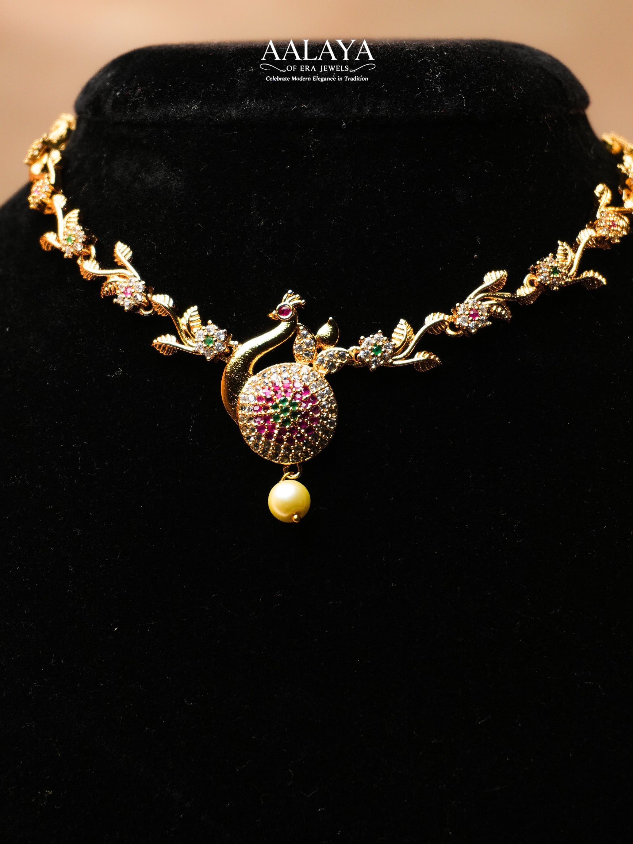 Aalaya Peacock Motif Charm Necklace Set